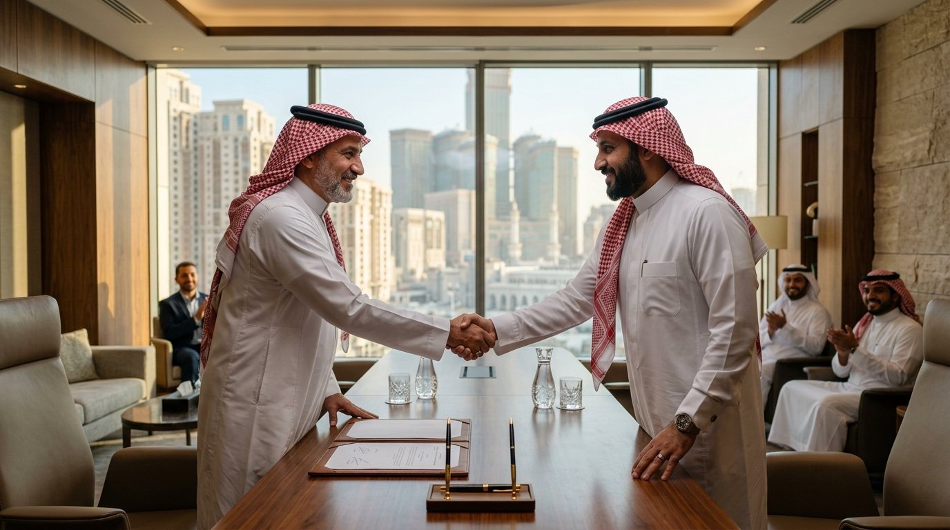Businessmen shaking hands in office 202608051248