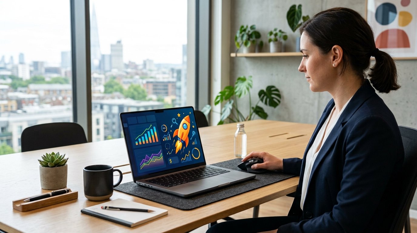 Desk with laptop analytic charts 202608031947