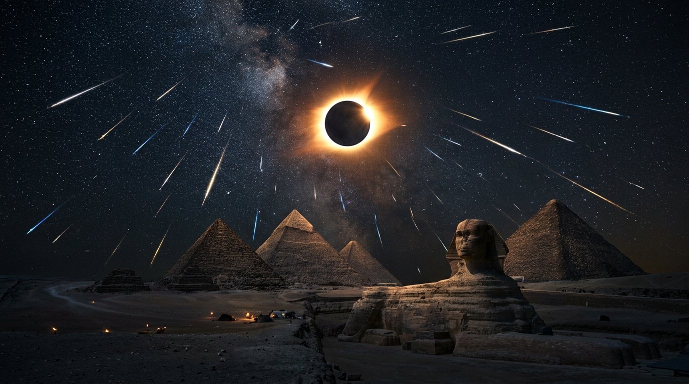 Solar eclipse over Sphinx pyramids 202608081220